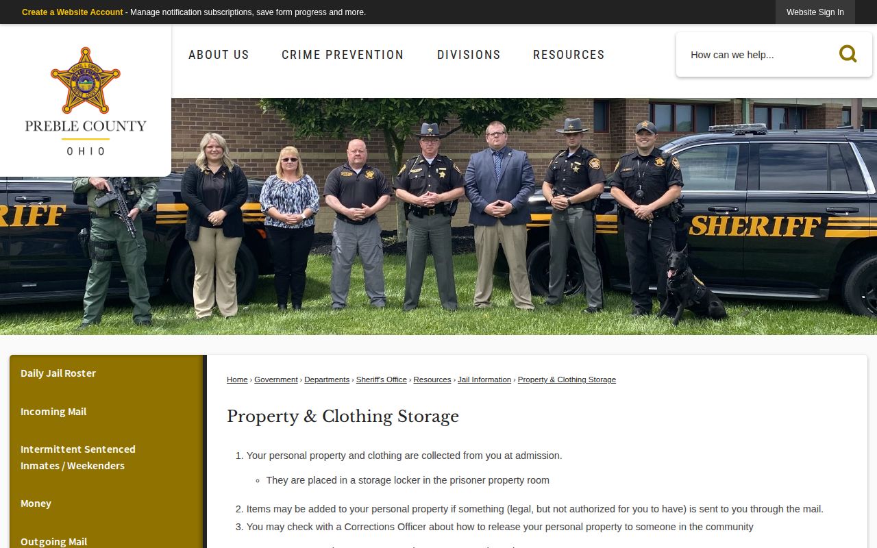 Preble County Jail released inmate property return procedure