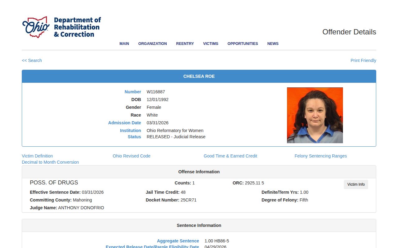 Ohio corrections released record with a photo relevant to Preble County mugshot research
