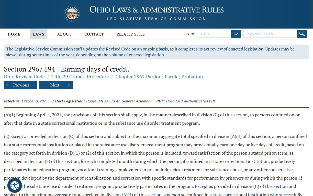 Ohio earned-credit law for Preble County projected release dates