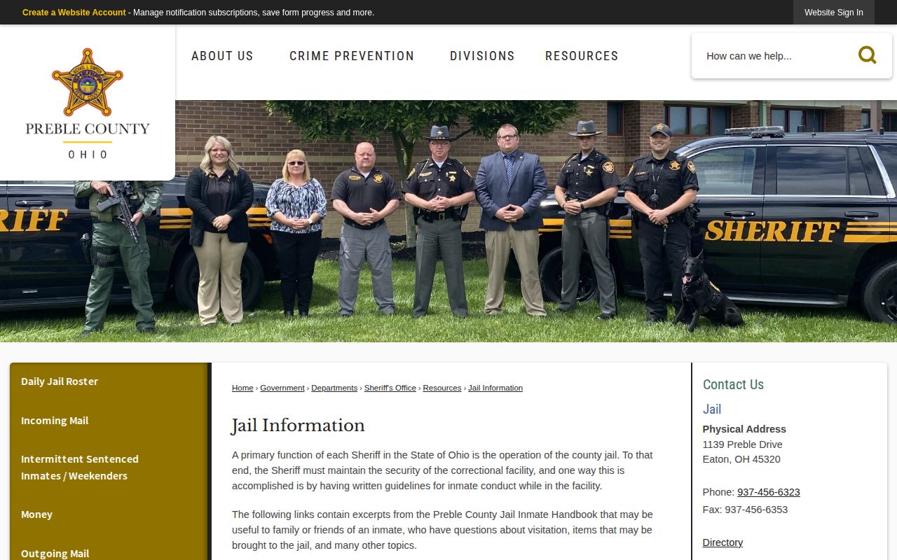 Official Preble County Jail information and release contact source